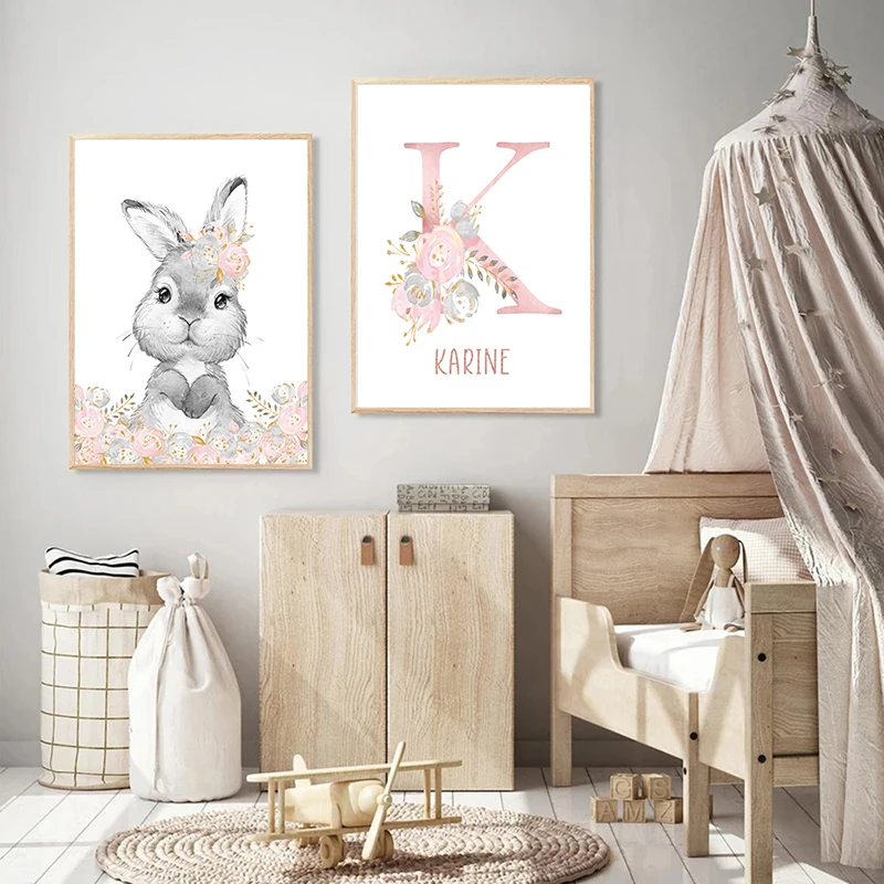 Animaux de Safari en Fleurs Roses, Affiches d\'Art Mural Personnalisées avec Nom d\'Enfant, Décor de Chambre de Fille, Cadeau de ixPréChristophe