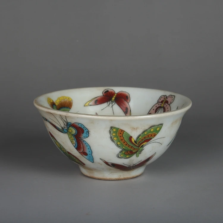 Antique Folk Kilns Of The Late Qing Dynasty And The Republic of China Pastel Enamel Butterfly Bamboo Hat Bowl Cup Tea Cup