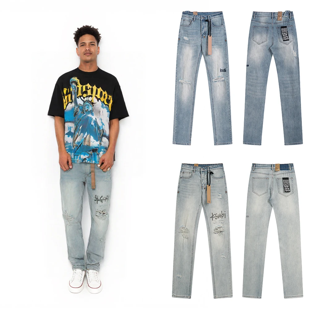 

new Y2K pants men's clothing Jean Retro Distressed Printed Streetwear Ripped Jeans HipPop Slim Fit Denim Jeans Straight Trousers