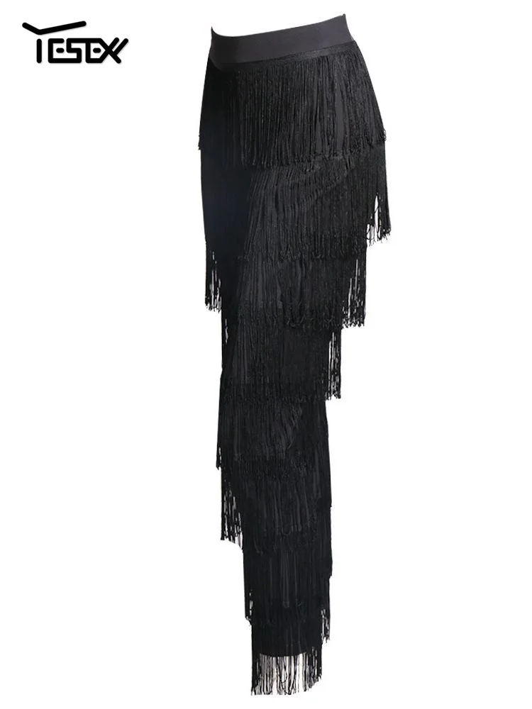 Yesexy New Fringed Pants Zipper  Pants Tassels Sexy Elegant High Waist Tights Zip Tassel fashion Sexy Versatile Black White