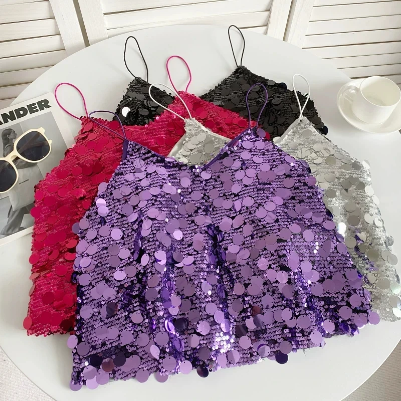 

New Summer V Neck Sequined Camis Women Slim Pink Gray Black Spaghetti Strap Tank Ladies Sexy Backless Sleeveless Vest Short Tops