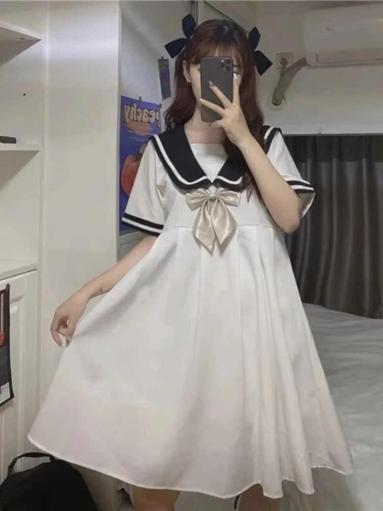 

New Summer 2025 Sailor Collar Dresses Women Korean Style Bow A-line Preppy Sweet Short Sleeve Dress for Woman