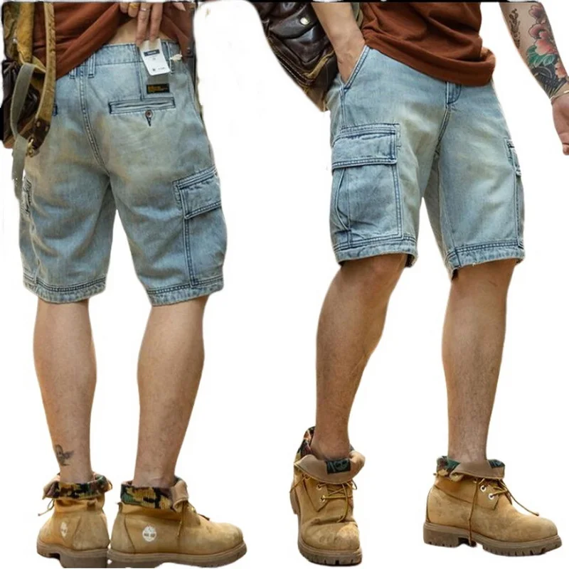 Retro Make Old Cargo Denim Shorts, Men\'s Straight Loose High Street Knee Length Jeans