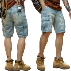 Retro Make Old Cargo Denim Shorts, Men's Straight Loose High Street Knee Length Jeans