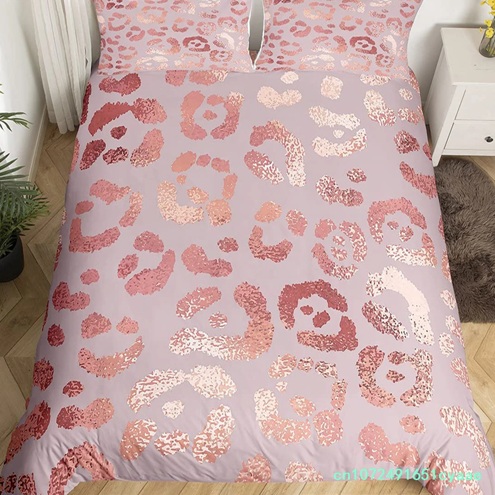 Pink Leopard King Queen Duvet Cover Girly Glitter Bedding Set Cheetah Skin Pattern Quilt Cover 2/3pcs Polyester Comforter Cover