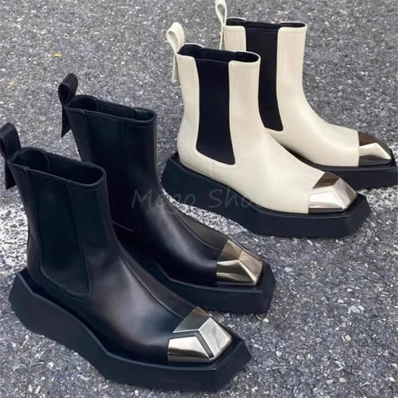 Metal Toe Black Leather Chelsea Boots Women Elastic Band Slimming Boots Thick Soled Motorcycle Style Short Boots High Top Shoes