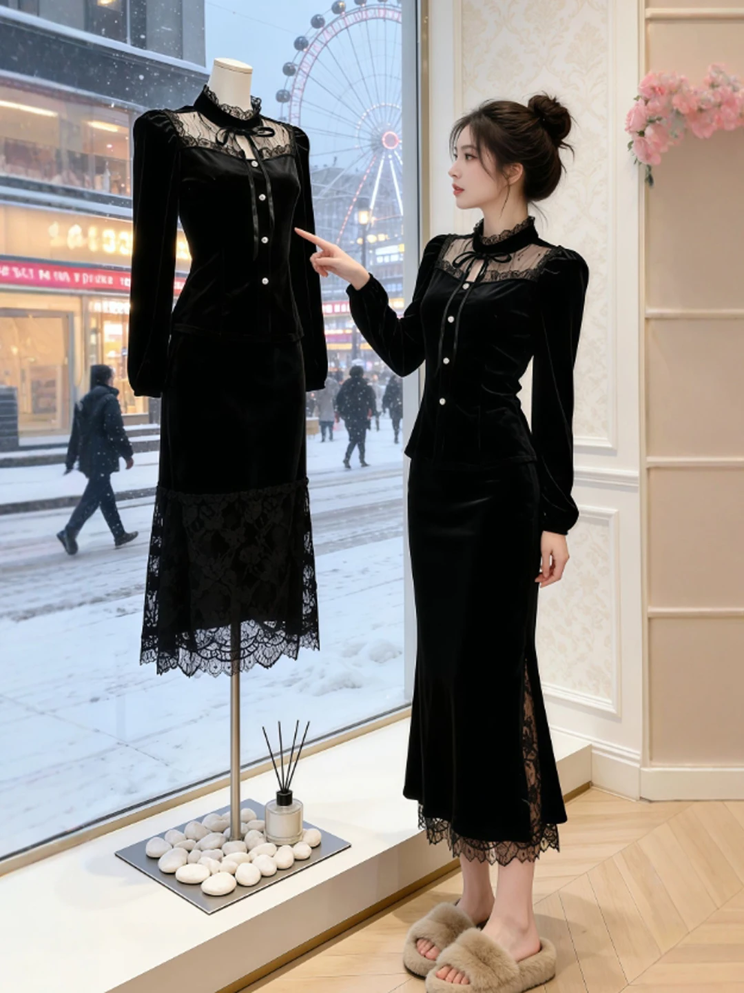 

Hebden Sle Velvet Lace irt Slim Fit Waist Cinched Unique Design Beautiful Spring 2026 Women's Faion Gentle Sle Long S...