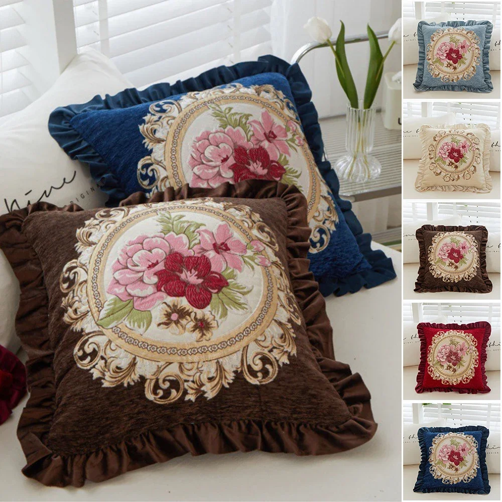 

Ruffled Floral Jacquard Throw Pillow Cover 48x48cm Vintage Embroidery Flowers Jacquard Decor Pillow Cover Home Sofa Pillowcase