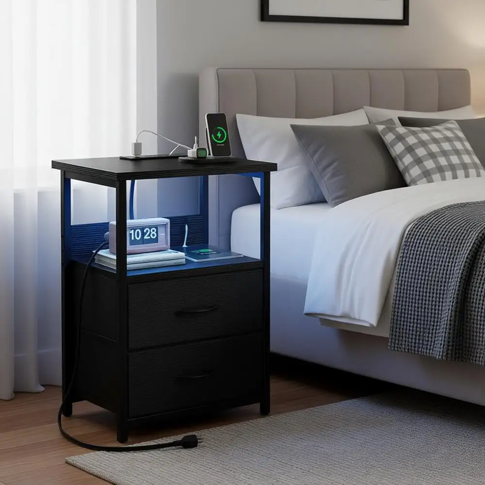 

LED Nightstand with USB Ports and Outlets, Fabric Storage Drawers, Small Bedroom Table, Black