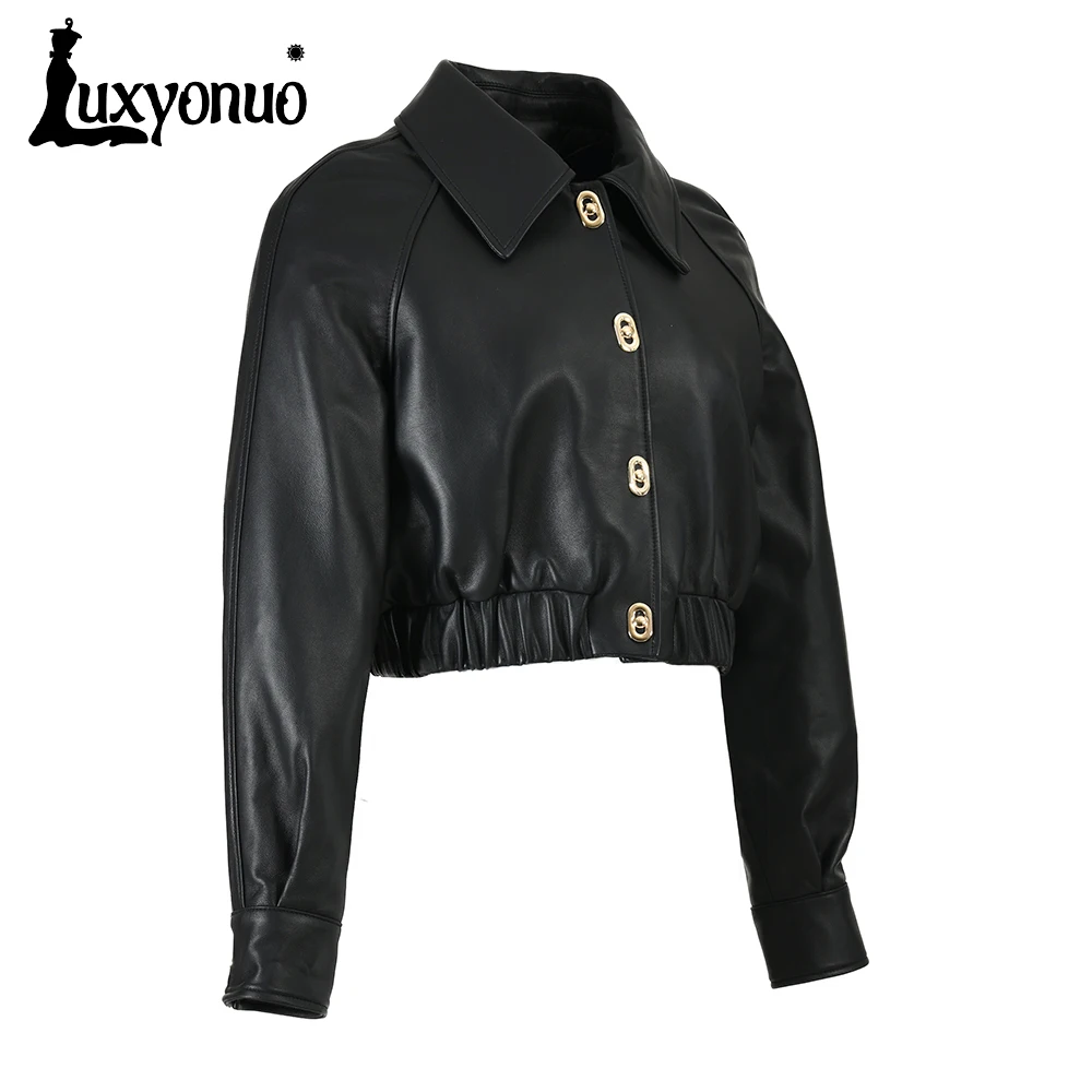 Luxyonuo-Chaqueta de piel de oveja auténtica para mujer, abrigo con cuello vuelto, botón dorado, Moda de Primavera