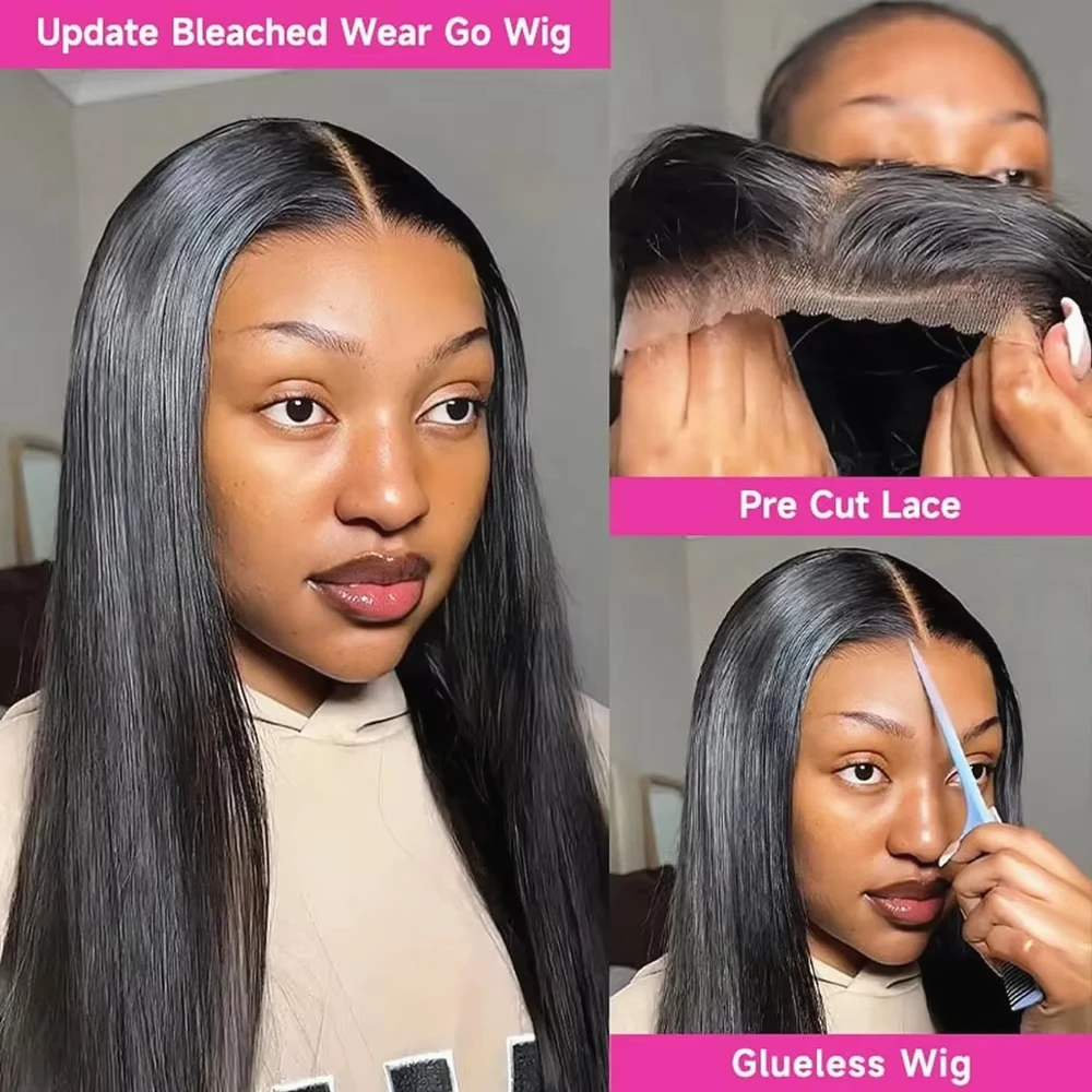 Smilegirl 24 Inches Straight Glueless Wigs Human Hair Preplucked PreCut 220 Density Drawstring 4x4 5x5 Hd Lace Front Wig Wear And Go Natural Color image 3
