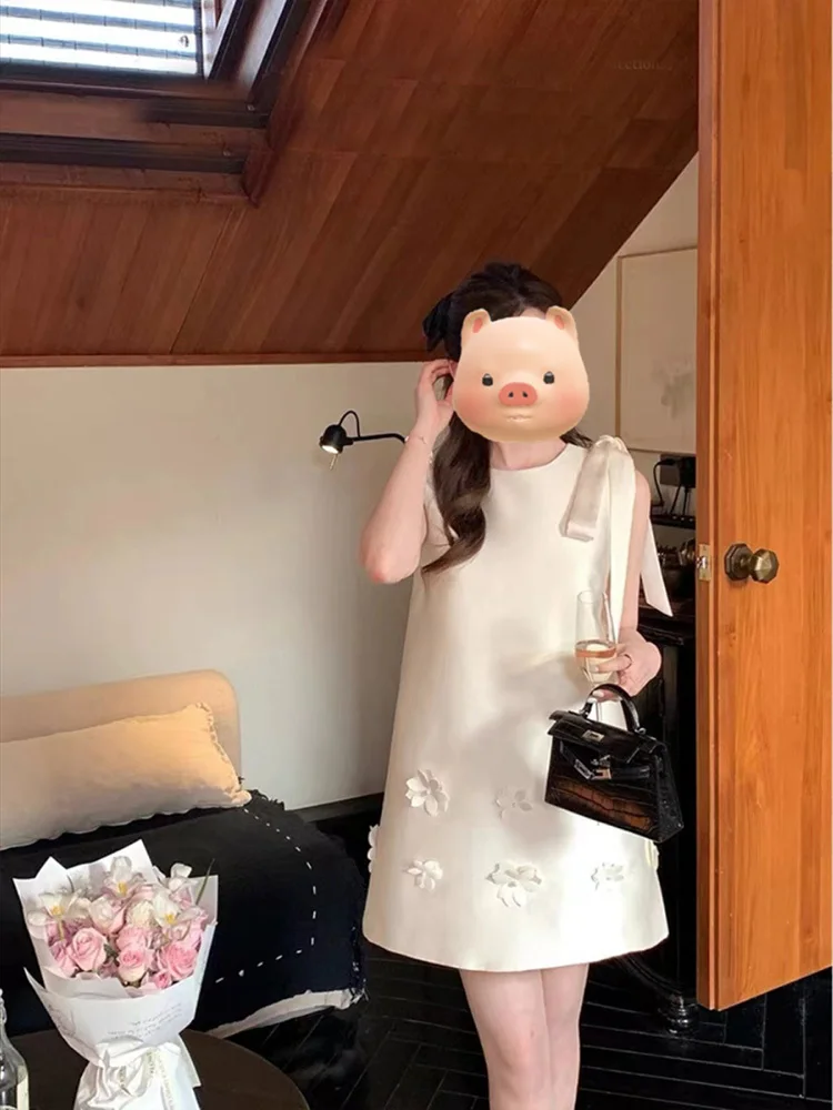 فستان صغير أنيق ثلاثي الأبعاد برقبة دائرية ، بدون أكمام ، خزان قصير ، فستان حفلات ، موضة صيفية ، بيج ، أرجواني ، عطلة