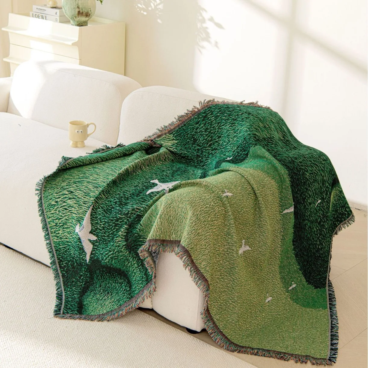 Abstract Landscape Throw Blanket with Flying Birds Green Scenic Woven Tapestry for Sofa & Bed Modern Nature Decor Fringed Throw
