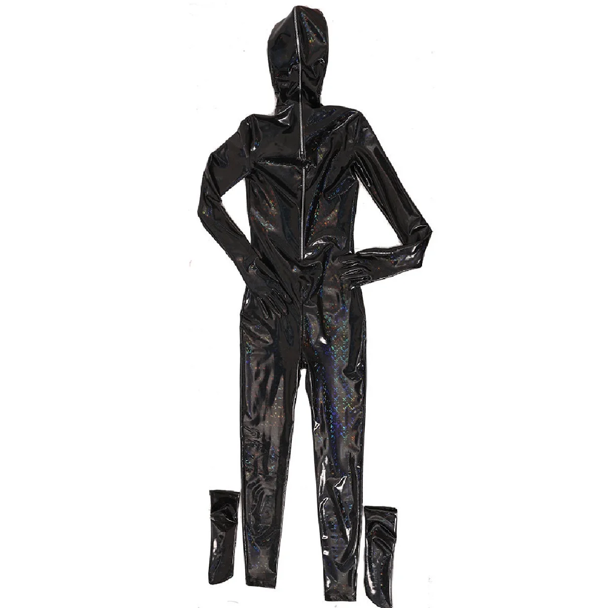 M-4XL Shiny PU Leather Leotard Houseboy Jumpsuit Laser Wet Look PVC Hooded Catsuit Zentai Separate Finger Zip open Bust Bodysuit