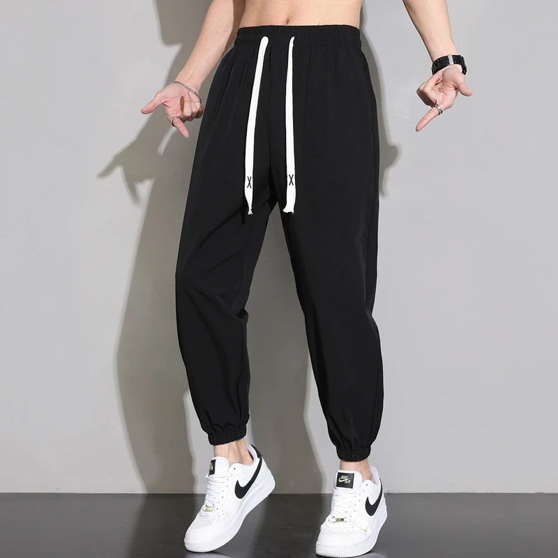 

Streetwear Basic Solid Color Cropped Pants Spring Summer Sports Loose Men's Clothing Stylish Elastic Drawstring Casual Pants New