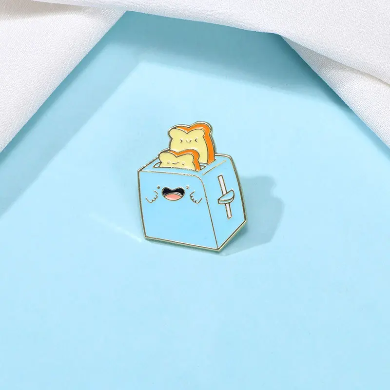 Cute Blue Toaster Toast Enamel Pin Cartoon Breakfast Food Metal Lapel Badge Funny Kitchen Brooch Hat Decor Fashion Jewelry Gift