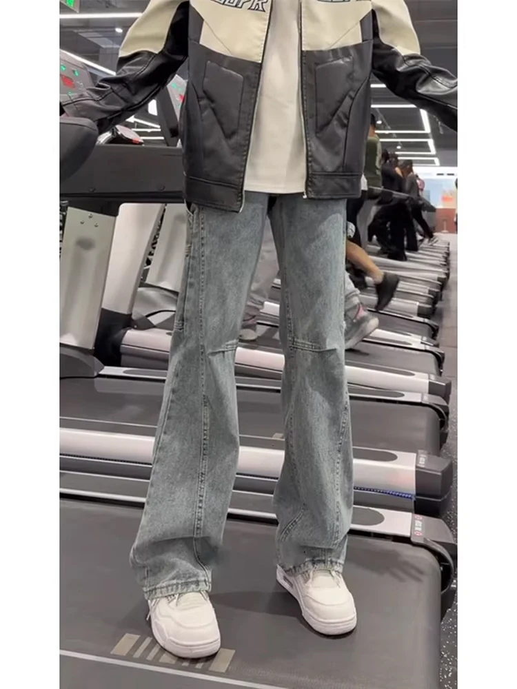 

American Blue Slant Cut Flared Jeans Men's Patchwork Workwear Pants Cleanfit Slimming Knife Casual Trousers Retro Sle