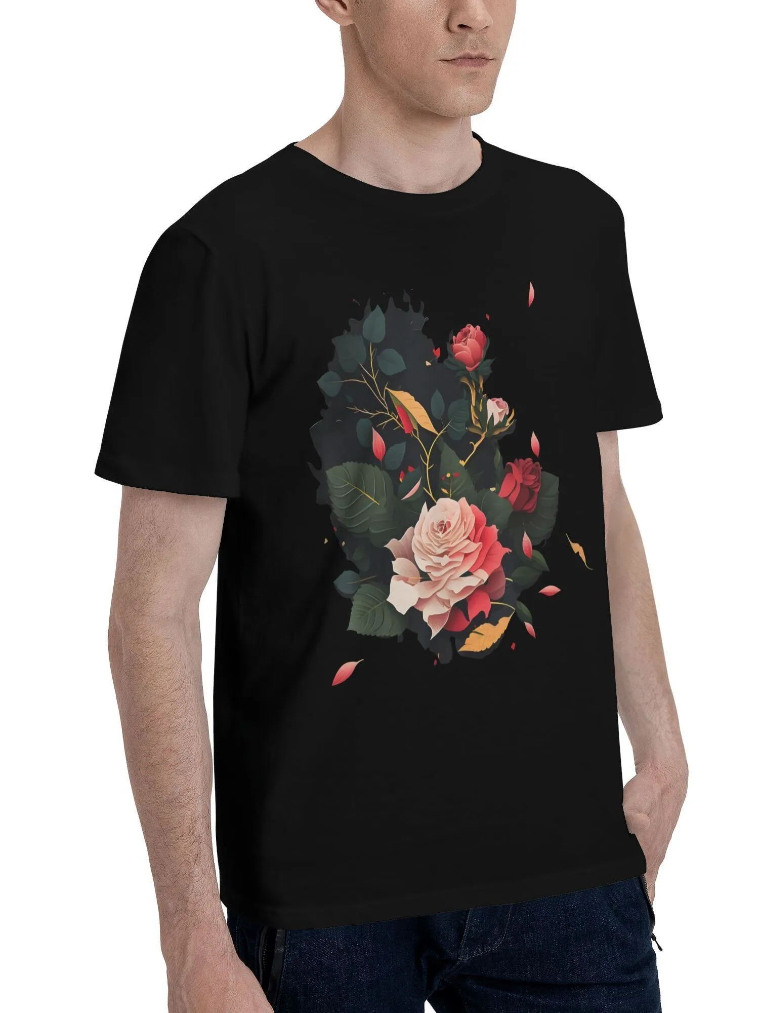 

Men's Black Crew Neck T-Shirt with Rose Floral Design Is Perfect for Casual Outings