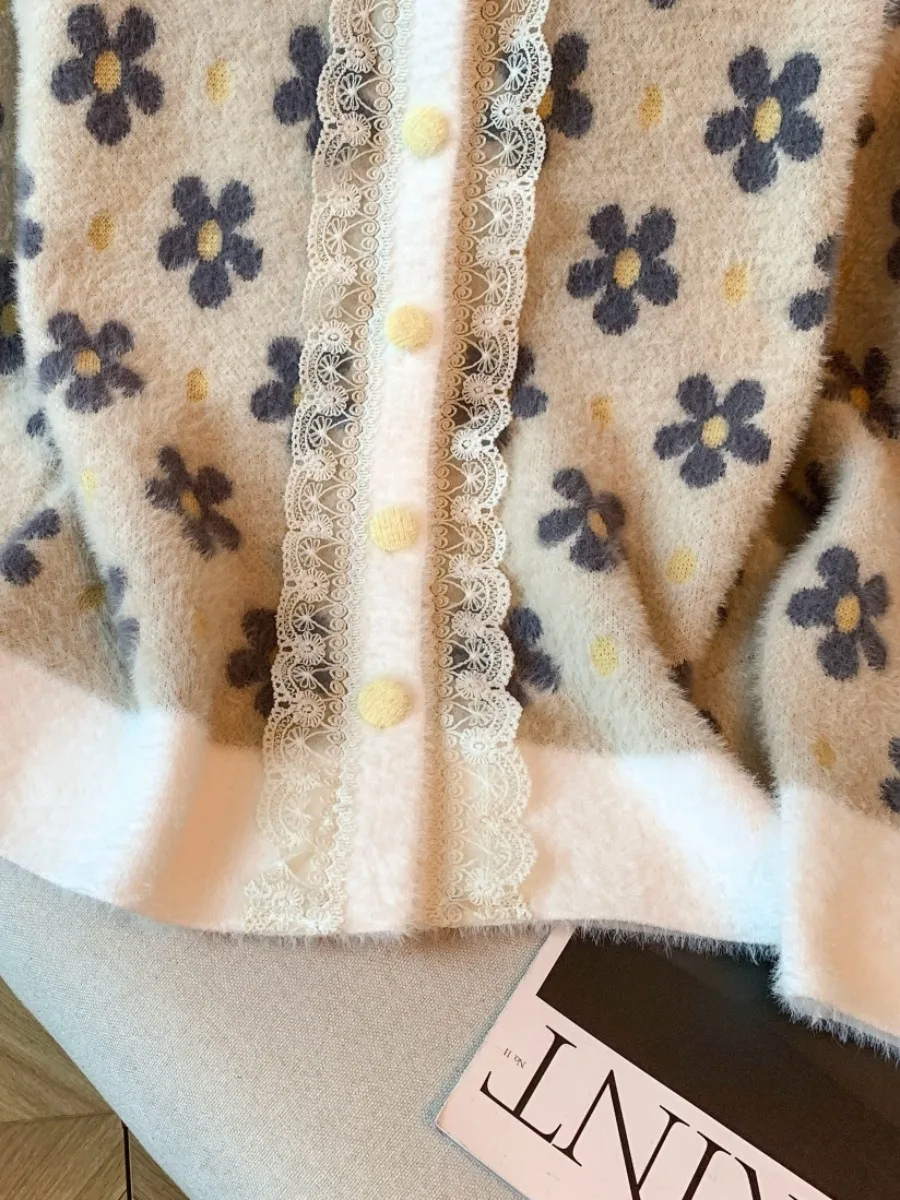 Miękki kardigan damski z dzianiny z aksamitu norek w delikatnych kolorach, słodki sweter na jesień i zimę, oryginalny projekt, luźny krój, nadruk...