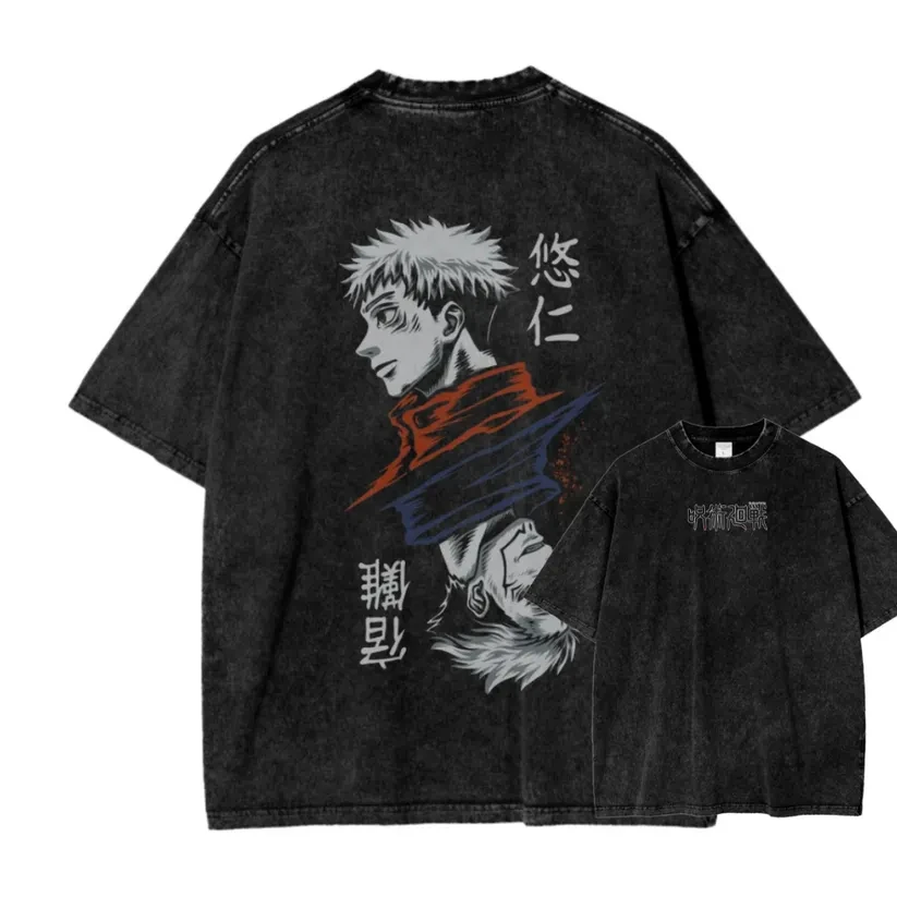 Jujutsu Kaisen Itadori Yuji T-Shirt Sukuna Dual Soul Herren Acid Wash Oversized Streetwear Anime Baumwolle Vintage Top Tee