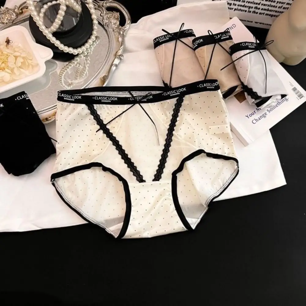 Breathable Mesh Women's Underwear Satin Hollowed-out Wave Point Underpants Bow Seamless Briefs Women