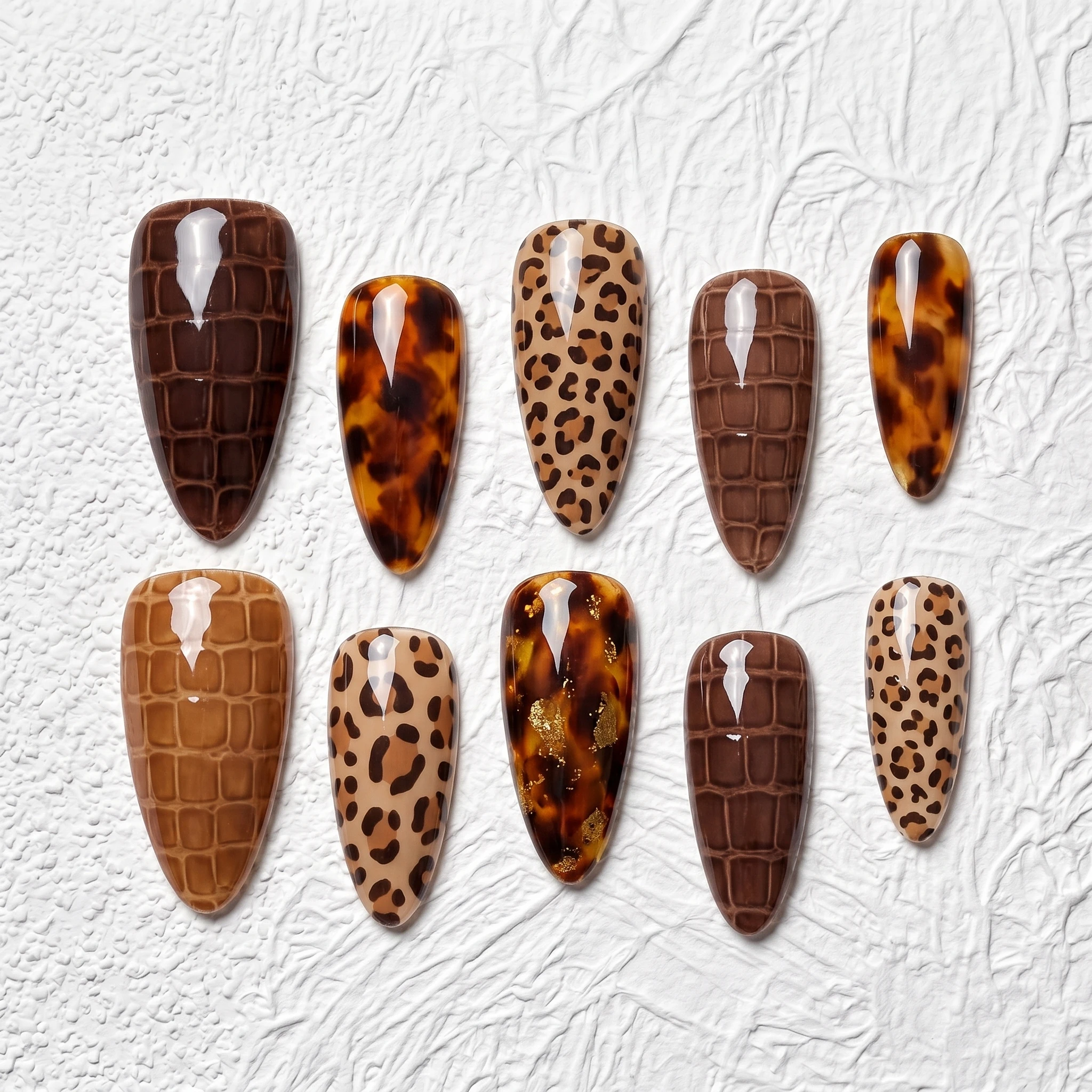 Artisan Handcrafted 10PCS Wild Glam Almond Press-On Nails | Leopard, Tortoiseshell, Croc Texture, Gold Foil, Party Date Night
