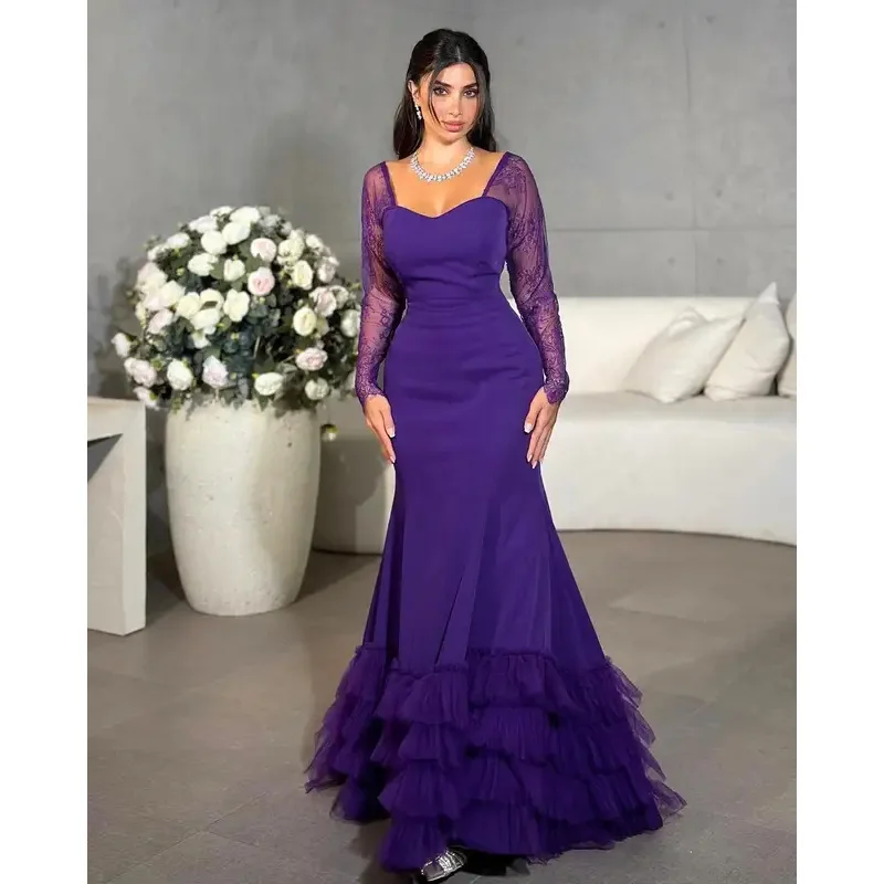 

Adeli Elegant Purple Lace Prom Dress Women Square Neck customized Evening Dresses Floor Length Tulle Formal Occasion Gowns 2025