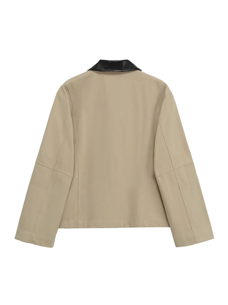 Fanan Women's Solid Color Loose Jacket Coat with Pockets Patch Faux Leather Collar Long Sleeve Chic Outerwear Female Tops