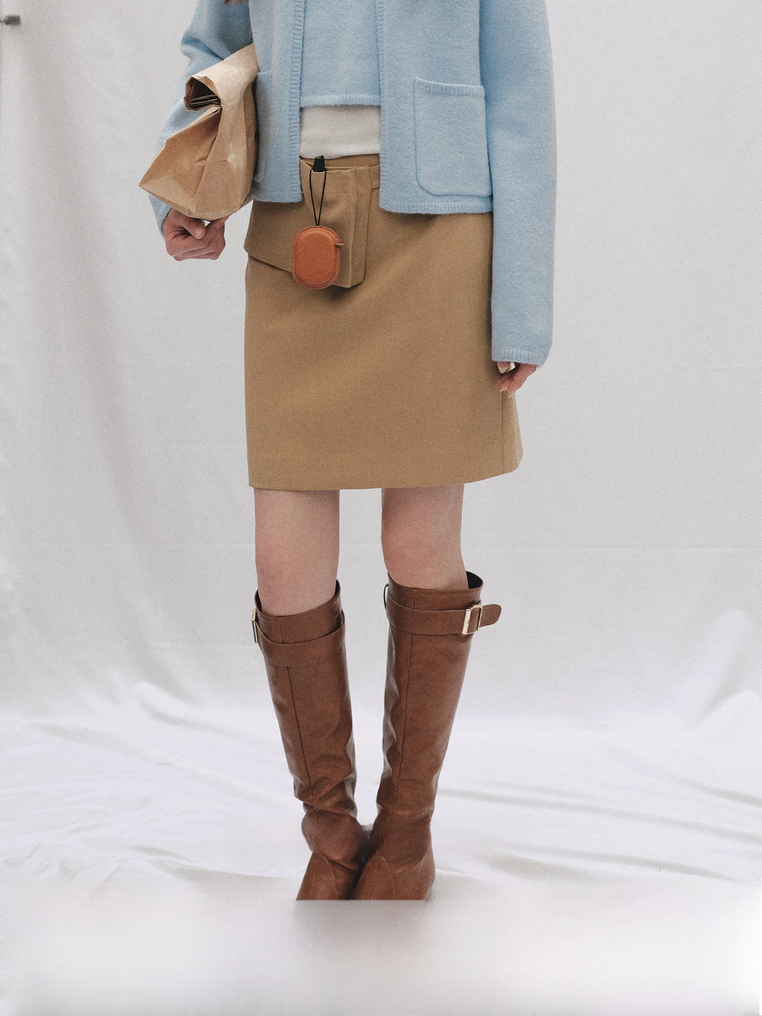 

Detachable Waist Bag Suit Skirt Women's Winter Mid-Length Skirt Casual H-ape Bla White Champs-Elysees Series