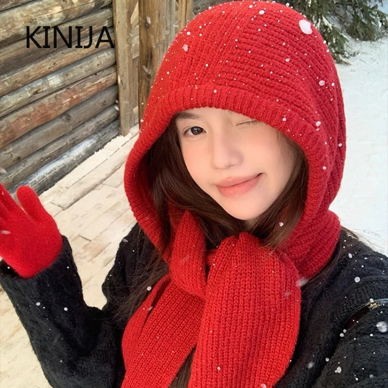 الكورية بالاكلافا بونيه المرأة Skullies قبعة صغيرة وشاح قطعة واحدة سميكة الدافئة الرقبة حماية الشتاء اكسسوارات محبوك القانون