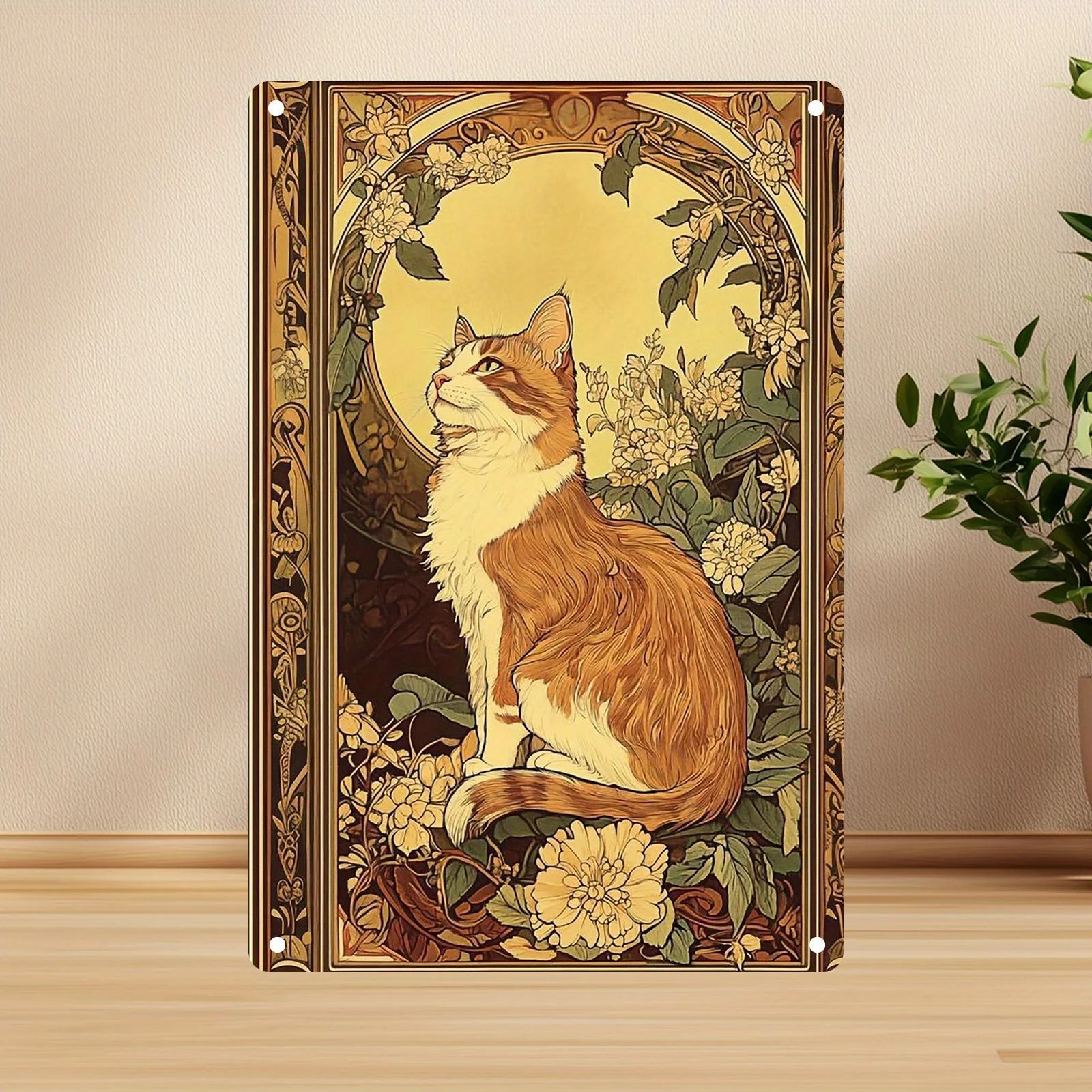 Ginger Cat Metal Wall Art - Vibrant Floral Motifs, Durable Iron Sign for Home, Cafe, Bedroom, Bar Decor Easy to Hang, Perfe