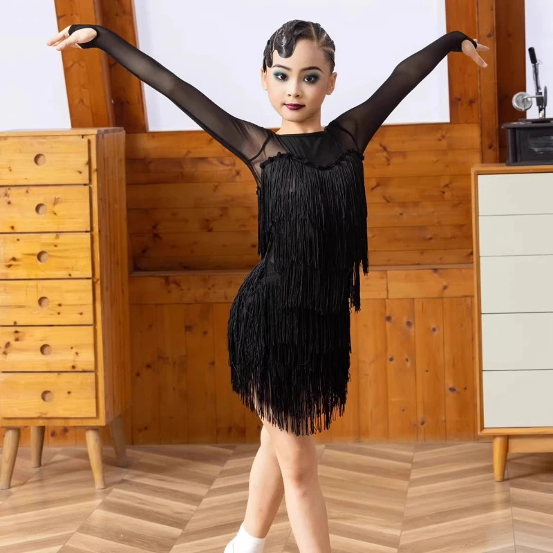 소녀 섹시한 라틴 댄스 드레스 블랙 어린이 전문 경쟁 볼룸 댄스 드레스 Tassel Tanggo Cha-cha Waltz Dancewear