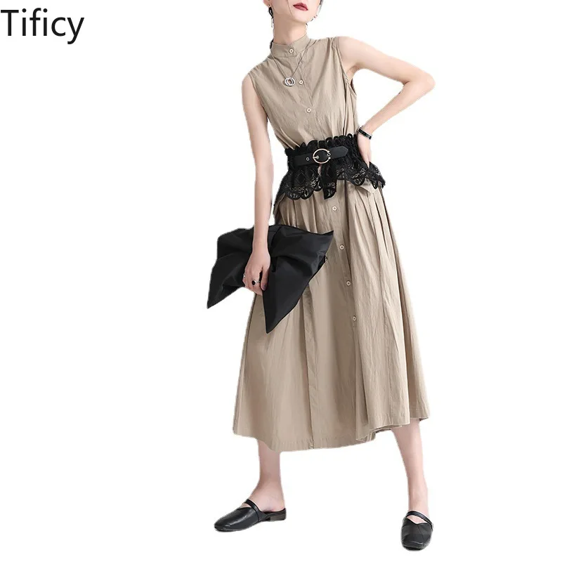 2024 summer new women's design sense fake two-piece vest skirt slim and sweat linen long sleeveless dress