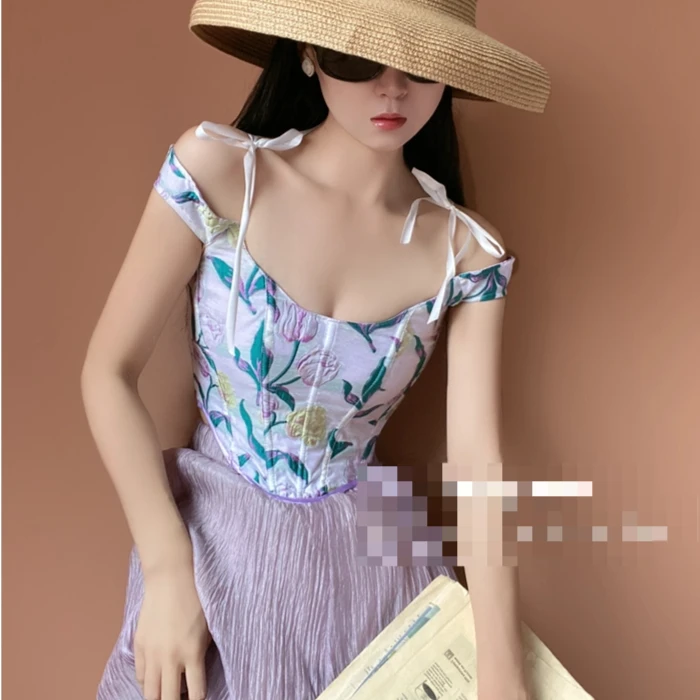 

Female Abdomen Corset Vintage Bustiers Shaping Tops with Bones Floral Short Slimming Bodices Off Shoulder Corselet