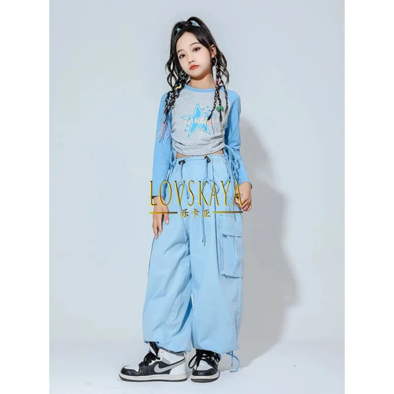 Trendy clothing with belly button exposed hip-hop and street dance costumes children jazz dance performance costumes set