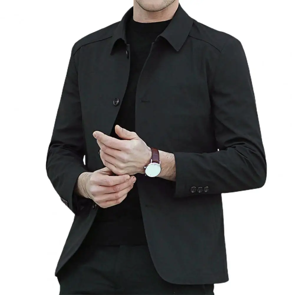 Stylish Men Outerwear Men Coat Stylish Men's Mid Length Jacket Classic Turn-down Collar Solid Color Single-breasted for Fall