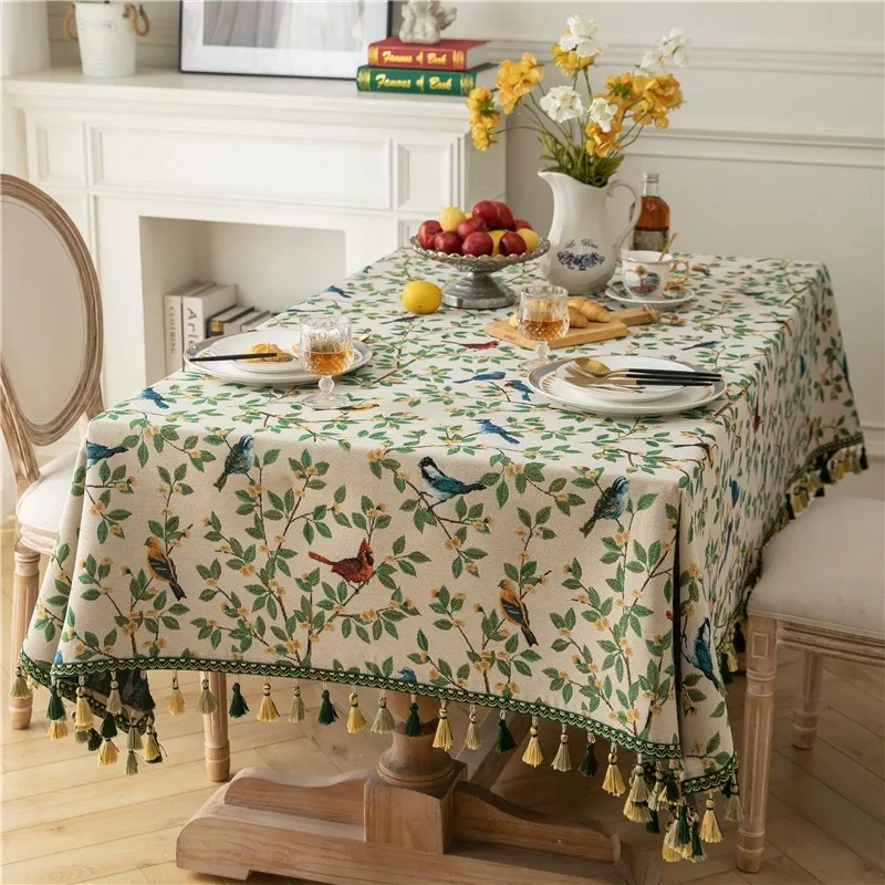 American Retro Flower-and-bird Rectangular Tablecloth High-end Green Rural Atmosphere Jacquard Tablecloth Coffee Table Cover