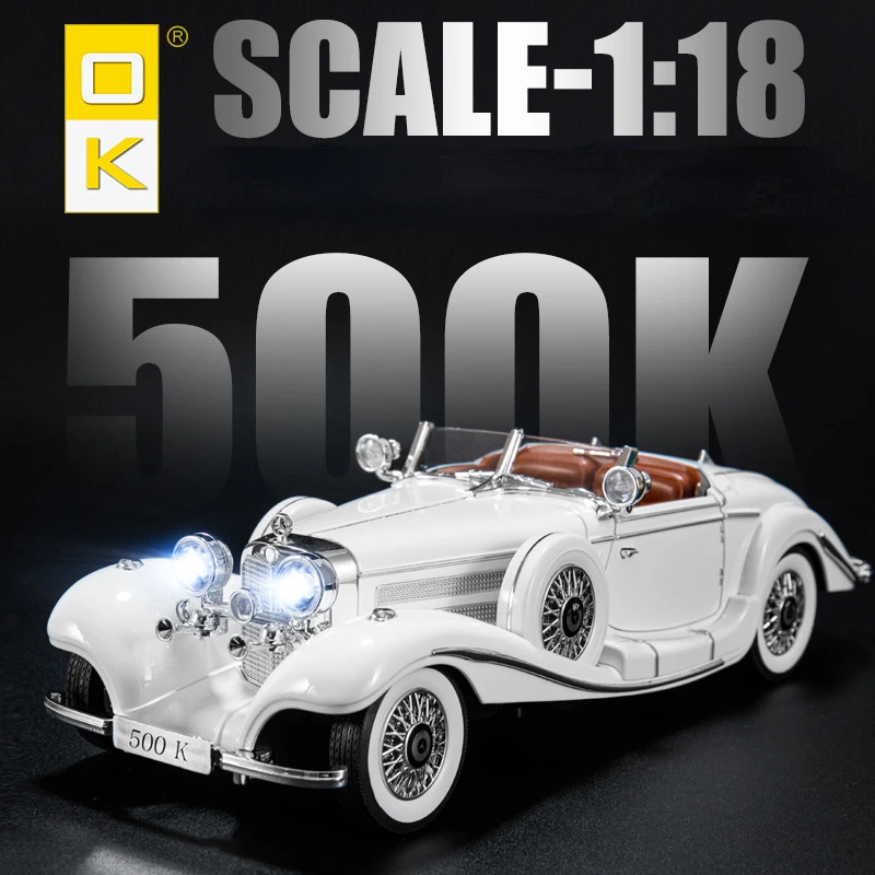 1:18 Mercedes-Benz 500K Vintage car Alloy Die Cast Toy Car Model Sound and Light Children's Toy Collectibles Birthday gift