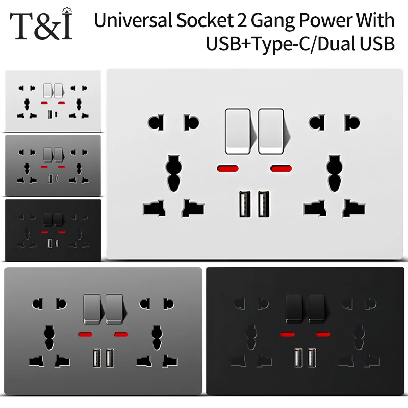 

Universal Wall Socket with USB-C USB Charger & Switches, 2 Gang Power Outlet With LED, Flush Mount, AC 110-250V