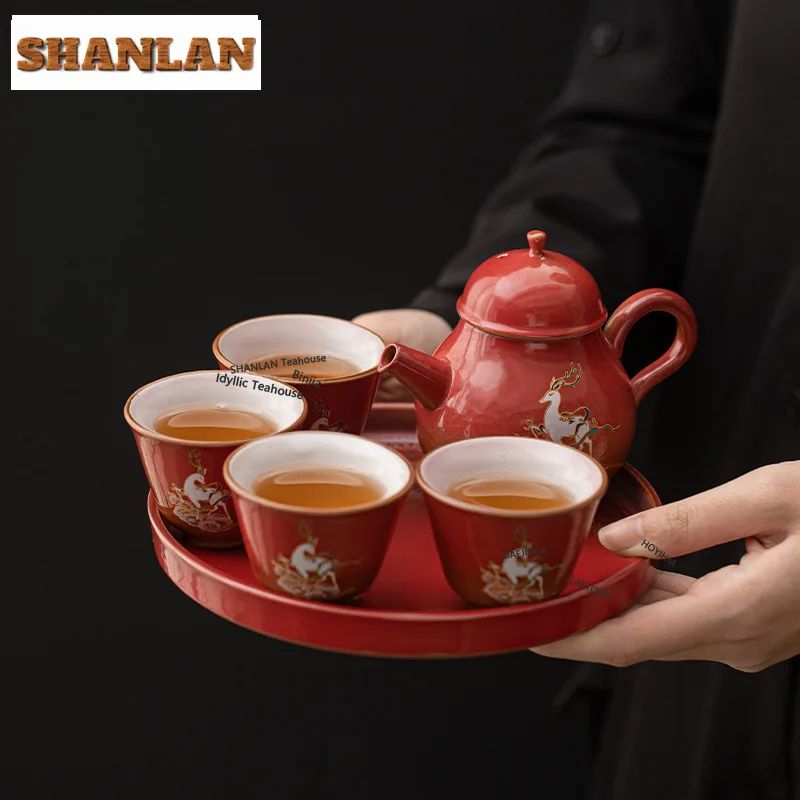 HOYIHM Nine Colored Deer Tea Set Complete Set Creative Tea Ceremony Set Household Tea Brewing Teapot And Tea Cup Set Tea Items