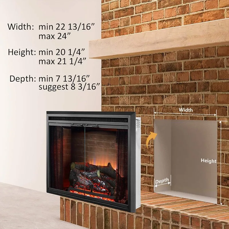 PuraFlame Klaus Electric Fireplace Insert with Fire Crackling Sound Glass Door and Mesh Screen, 750/1500W, Black