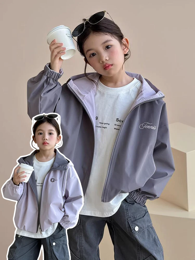 Children Girls Reversible Hooded Jacket 2026 Autumn Teen Embroidered Letter Print Zipper Casual Outerwear Kids Waterproof Coat
