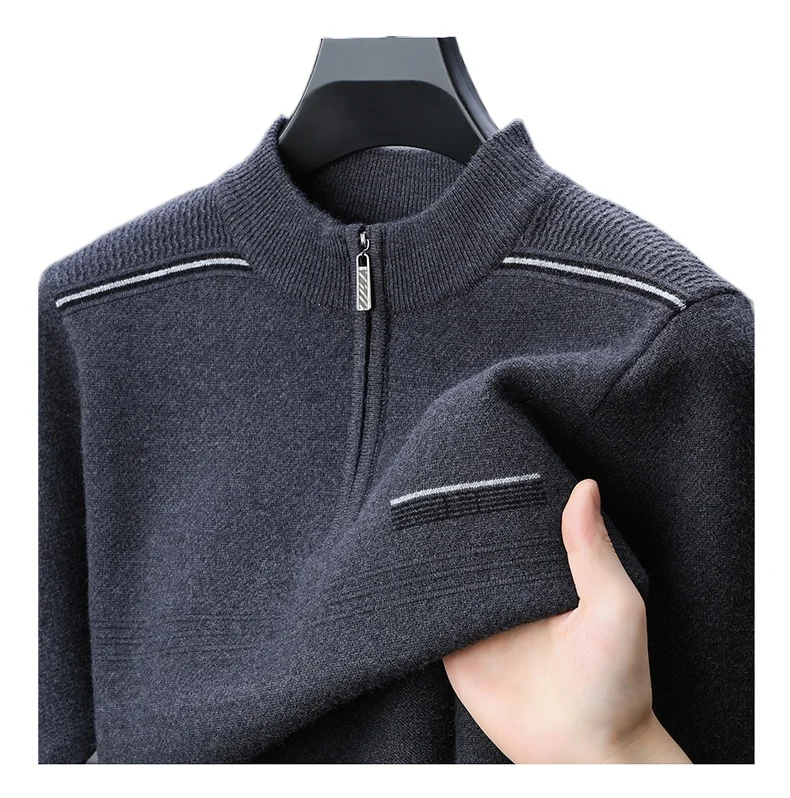 

2025 New Winter men's thick warm zipper semi high neck sweater with inner top and knitted base sweater