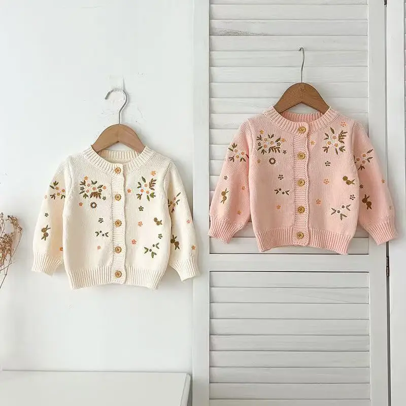 

Floral Embroidery Cotton Yarn Knit Cardigan 2026 New Stylish Versatile Baby Girls Sweater Outerwear for 66-100cm
