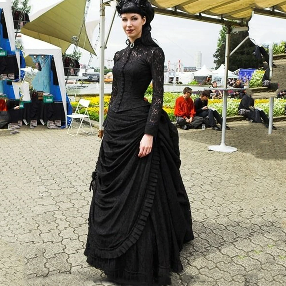 Vintage laço preto Steampunk Prom vestidos para mulheres alta pescoço mangas compridas botões Ruched Gothic Victorian Bustle vestidos de noite