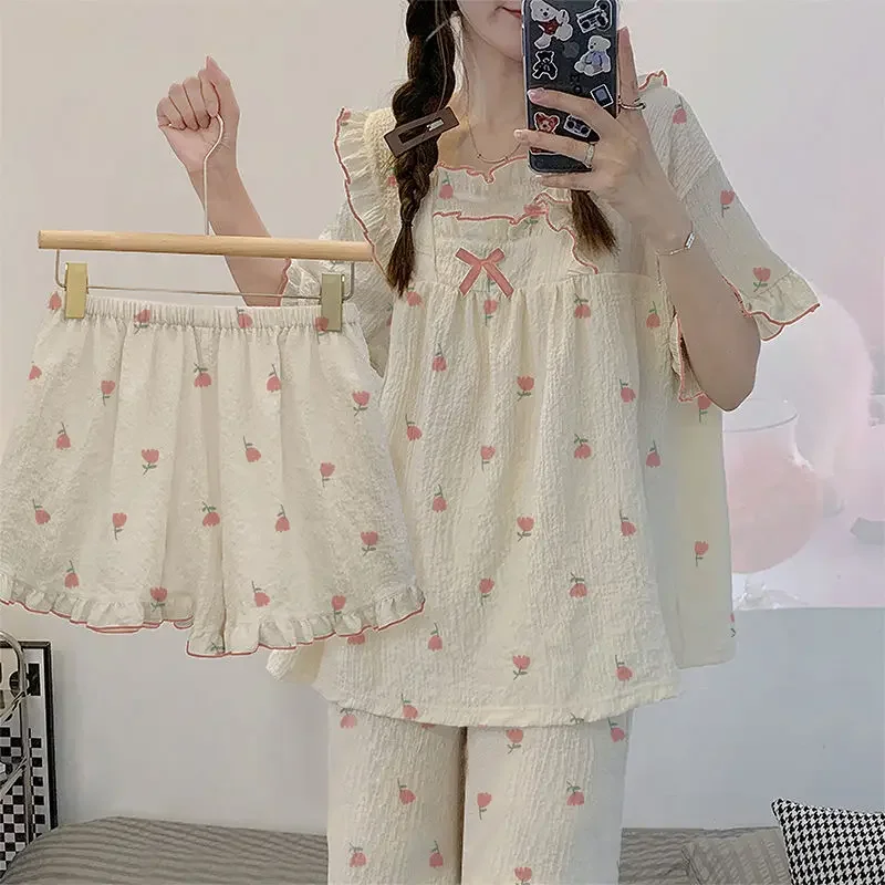 

Sweet Sleepwear Women Pajama Sets Lingerie Cartoon Print Short Sleeve Tops Shorts Pants Loungewear Kawaii Ruffles Pajamas New