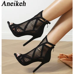 Aneikeh Fashion Summer Shoes Woman 2024 Trend Sexy Booties Peep Toe Sewing Mid-Calf Boots Roman Shoes Boots for Women Hollow out