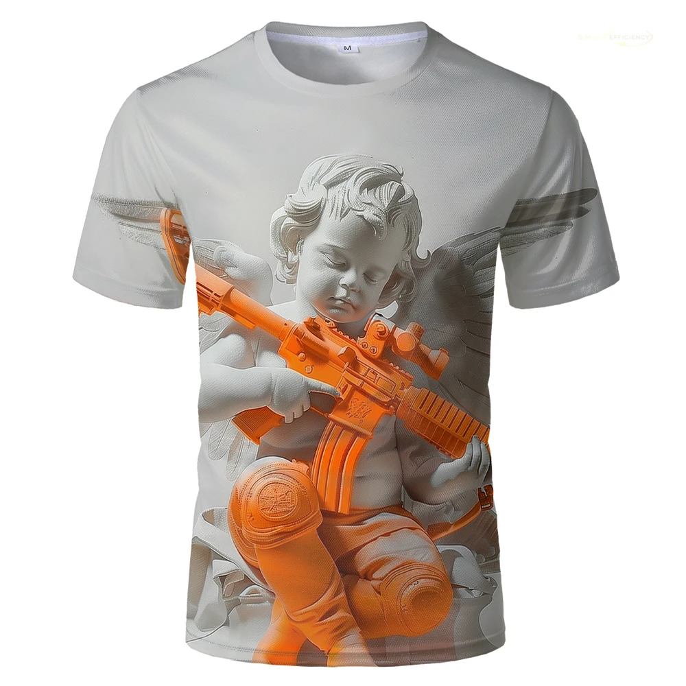 

Angel Statue T Shirt Men Fashion Casual Submachine Gun Graphic Funny T-shirts 2024 Summer 3D Printed Mens Designer Clothes