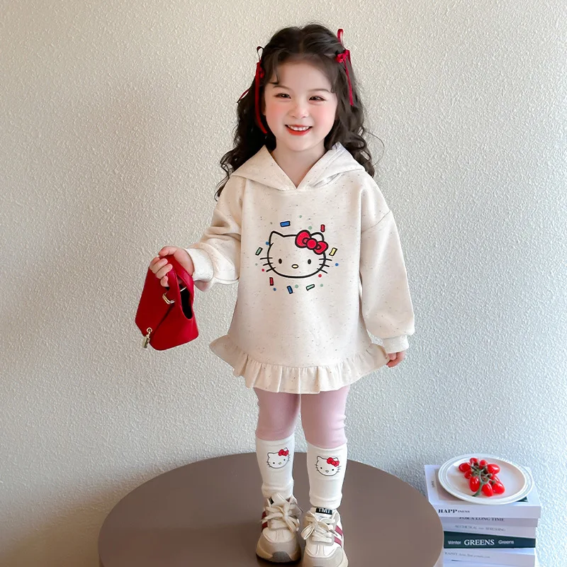 Autumn Spring Hello Kitty Anime Kawaii MINISO Long Sleeve Hoodie Cute Children Fashion Shirt Pants Set Clothes Gifts for Kids