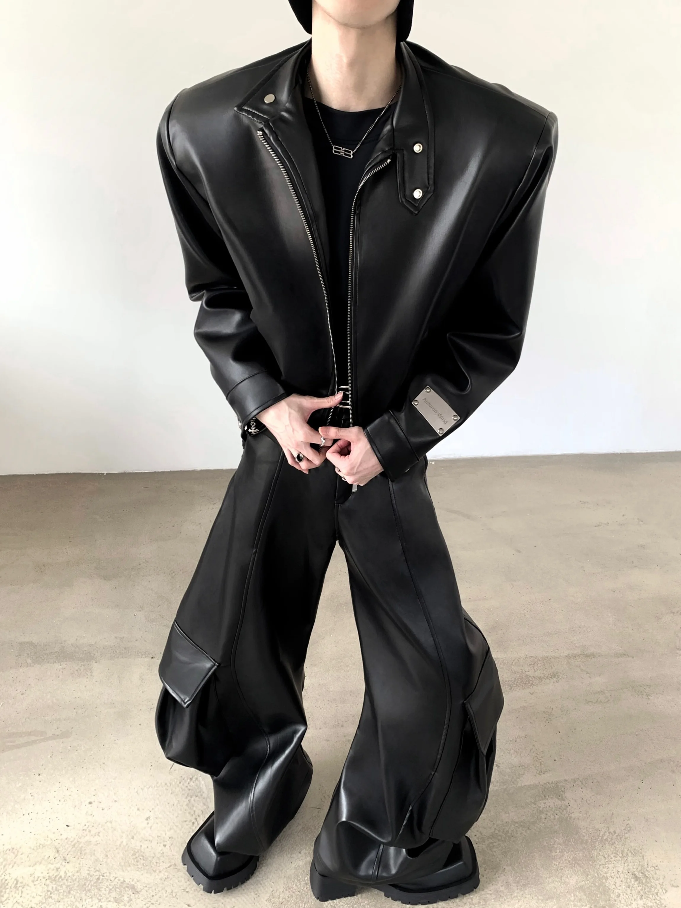 Fashionable Black Leather Jacket Men's Biker Style Shoulder Padded Coat Trendy Streetwear Autumn Season Casual Youthful Energy